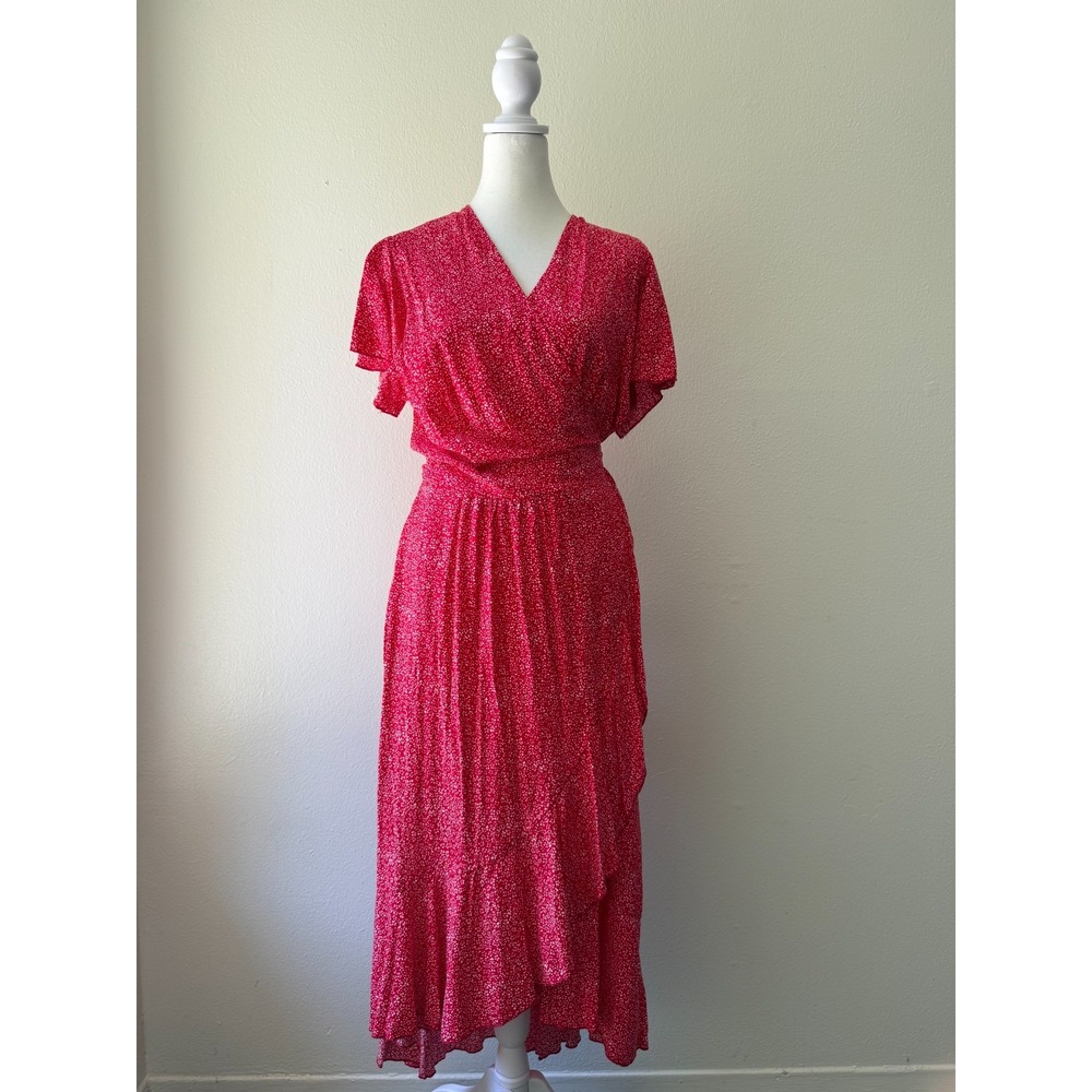 ZESICA Red Wrap Maxi Dress Size L Flutter Sleeve Ruffle Hem Boho Summer Vacation